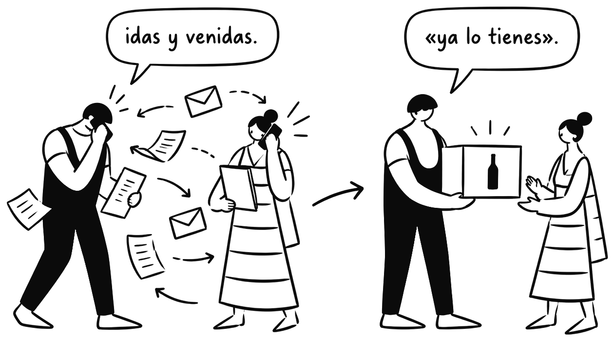 Correos y papeles vuelan entre dos personas; después, una le entrega a la otra la caja terminada.
